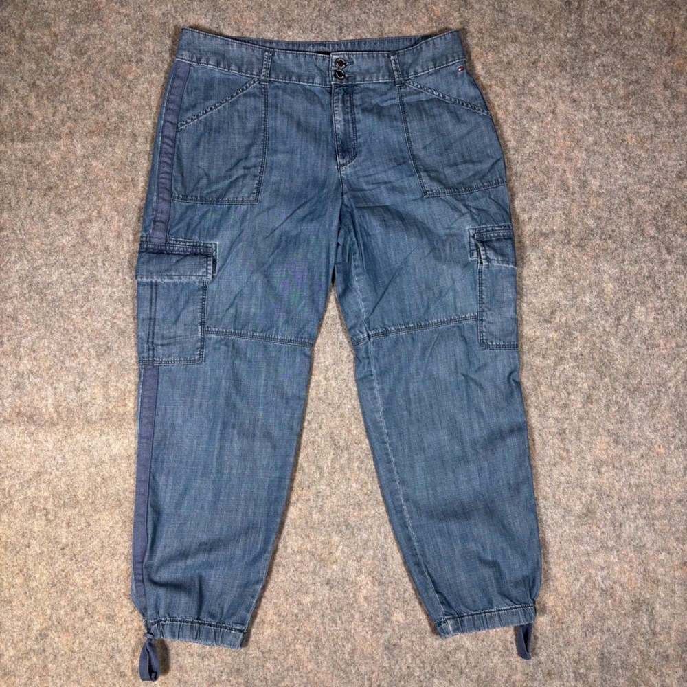 Tommy Hilfiger Chelsea Cargo Pants Womens‎ 12 Blue Chambray Denim Utility Jogger